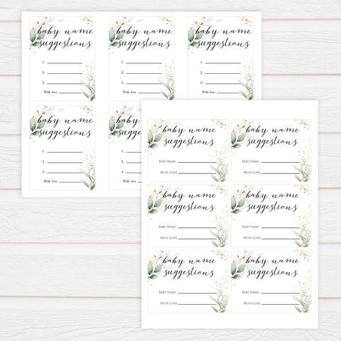 Gold green leaf baby games, baby name suggestions, printable baby games, fun baby games, top baby games to play, gold leaf baby shower, greenery baby shower ideas