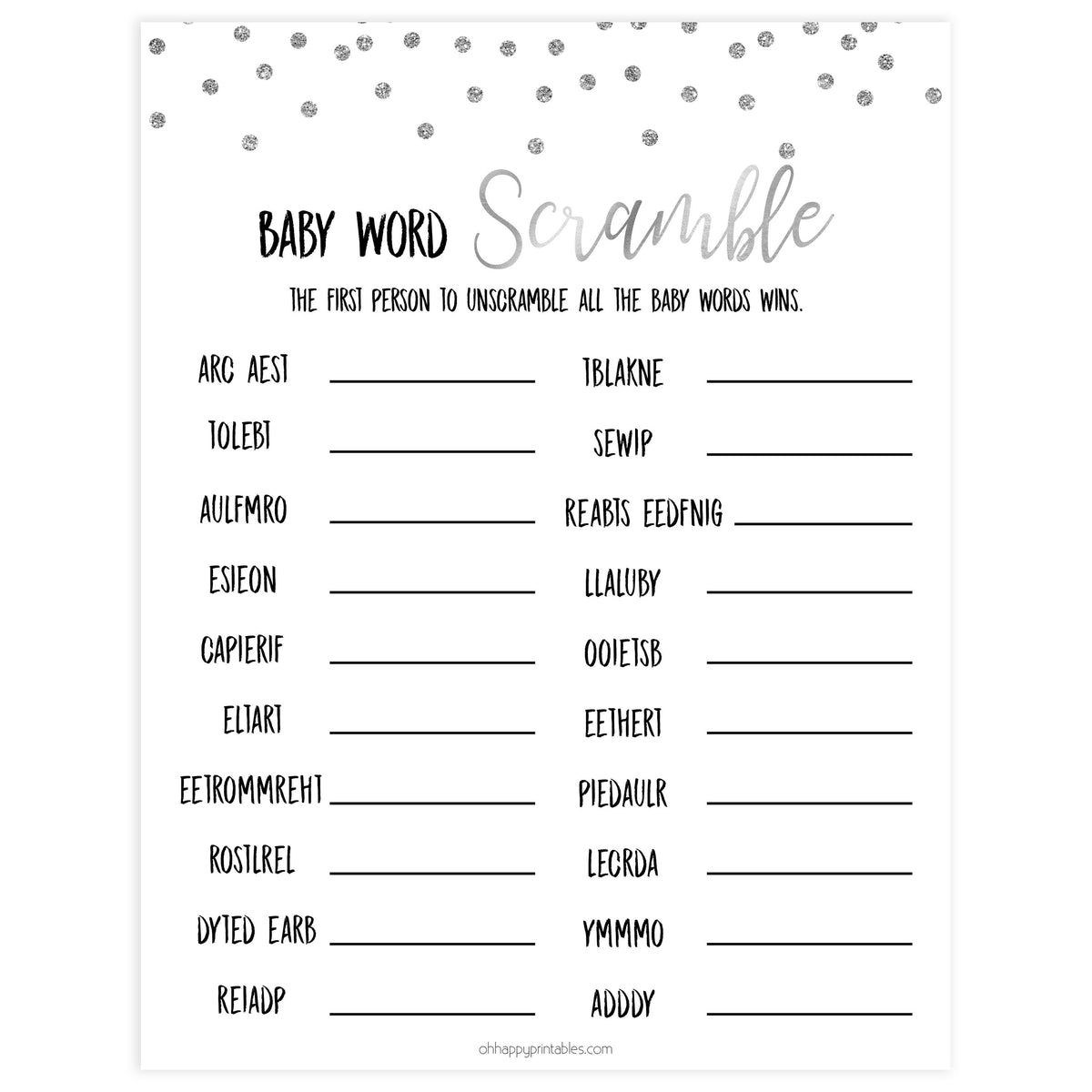 baby word scramble game, Printable baby shower games, baby silver glitter fun baby games, baby shower games, fun baby shower ideas, top baby shower ideas, silver glitter shower baby shower, friends baby shower ideas