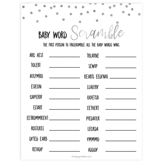 baby word scramble game, Printable baby shower games, baby silver glitter fun baby games, baby shower games, fun baby shower ideas, top baby shower ideas, silver glitter shower baby shower, friends baby shower ideas