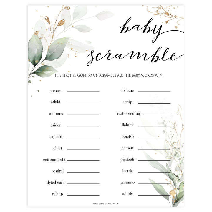 Gold green leaf baby games, baby scramble game, printable baby games, fun baby games, top baby games to play, gold leaf baby shower, greenery baby shower ideas