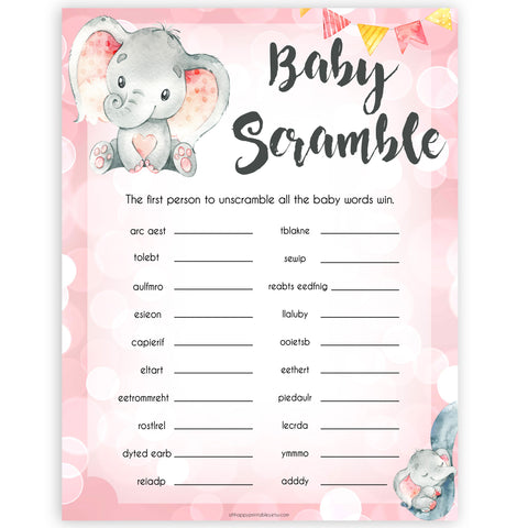 pink elephant baby games, baby shower scramble baby shower games, printable baby shower games, baby shower games, fun baby games, popular baby games, pink baby games