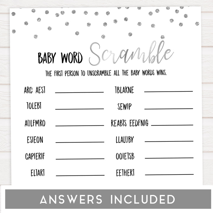 baby word scramble game, Printable baby shower games, baby silver glitter fun baby games, baby shower games, fun baby shower ideas, top baby shower ideas, silver glitter shower baby shower, friends baby shower ideas