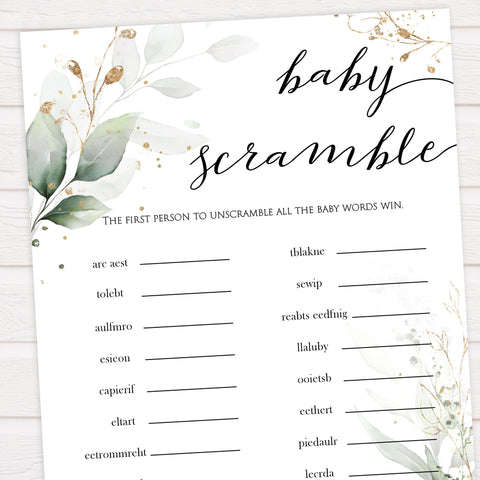Gold green leaf baby games, baby scramble game, printable baby games, fun baby games, top baby games to play, gold leaf baby shower, greenery baby shower ideas