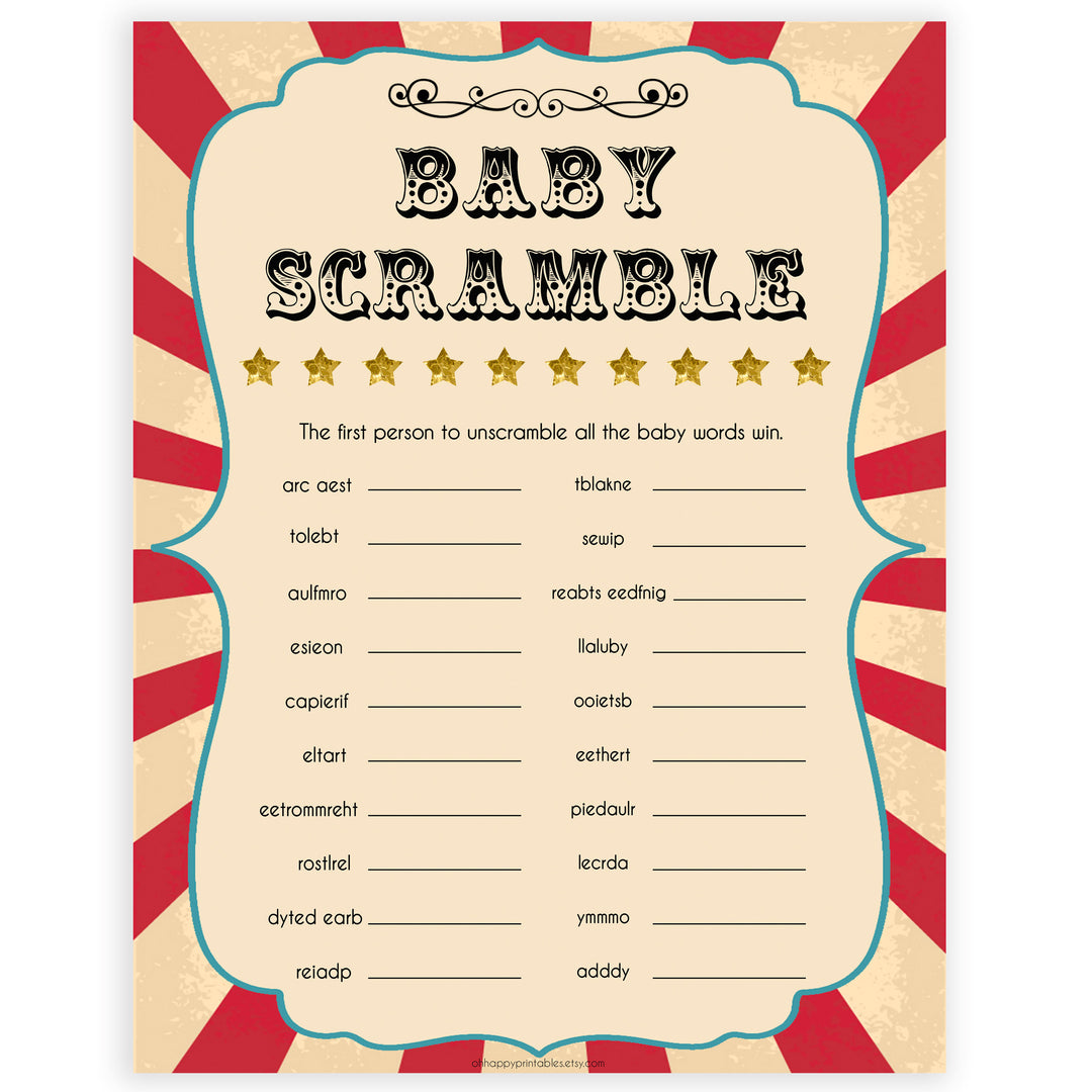 Circus baby shower scramble baby shower games, circus baby games, carnival baby games, printable baby games, fun baby games, popular baby games, carnival baby shower, carnival theme
