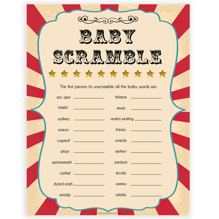 Circus baby shower scramble baby shower games, circus baby games, carnival baby games, printable baby games, fun baby games, popular baby games, carnival baby shower, carnival theme