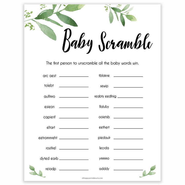 Botanical Baby Word Scramble Game, Baby Word Scramble, Baby Scattagories, Greenery Baby Shower, Word Scramble, Botanical Baby Shower, top baby shower games, best baby shower games