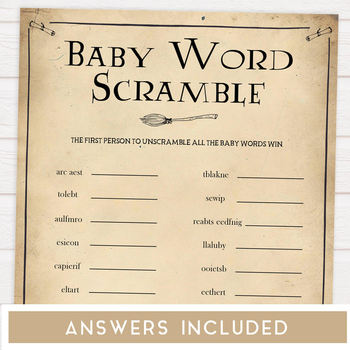 Baby Shower Scramble Game, Wizard baby shower games, printable baby shower games, Harry Potter baby games, Harry Potter baby shower, fun baby shower games,  fun baby ideas