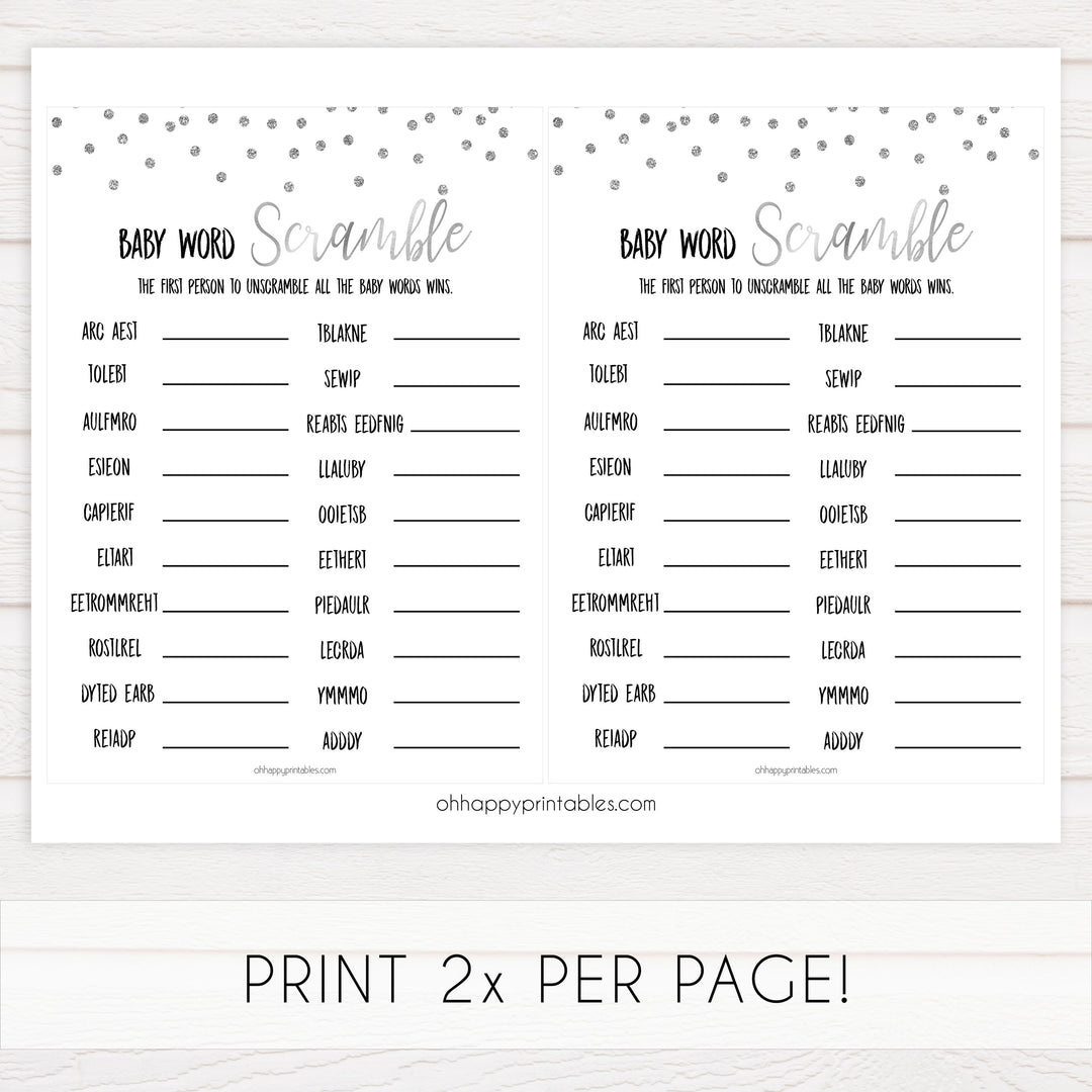 baby word scramble game, Printable baby shower games, baby silver glitter fun baby games, baby shower games, fun baby shower ideas, top baby shower ideas, silver glitter shower baby shower, friends baby shower ideas