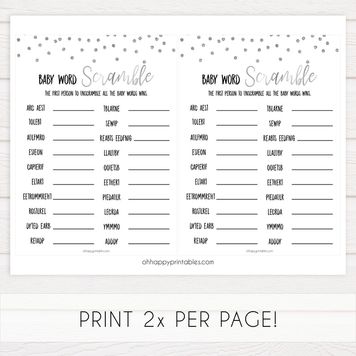 baby word scramble game, Printable baby shower games, baby silver glitter fun baby games, baby shower games, fun baby shower ideas, top baby shower ideas, silver glitter shower baby shower, friends baby shower ideas