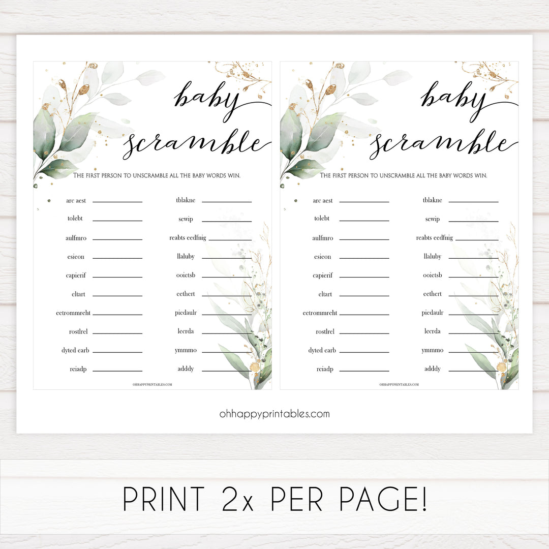 Gold green leaf baby games, baby scramble game, printable baby games, fun baby games, top baby games to play, gold leaf baby shower, greenery baby shower ideas