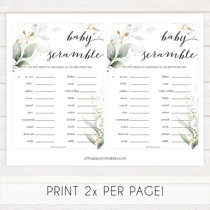 Gold green leaf baby games, baby scramble game, printable baby games, fun baby games, top baby games to play, gold leaf baby shower, greenery baby shower ideas