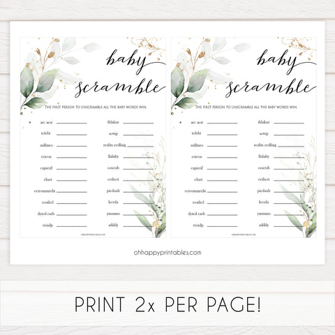 Gold green leaf baby games, baby scramble game, printable baby games, fun baby games, top baby games to play, gold leaf baby shower, greenery baby shower ideas
