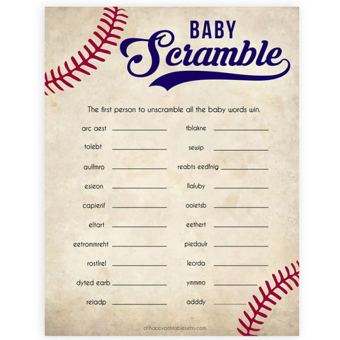 Baseball Baby Word Scramble Game, Baby Word Scramble, Baby Scattagories, Funny Baby Shower Games, Word Scramble, Baby Shower Party, printable baby shower games, fun baby shower games, popular baby shower games