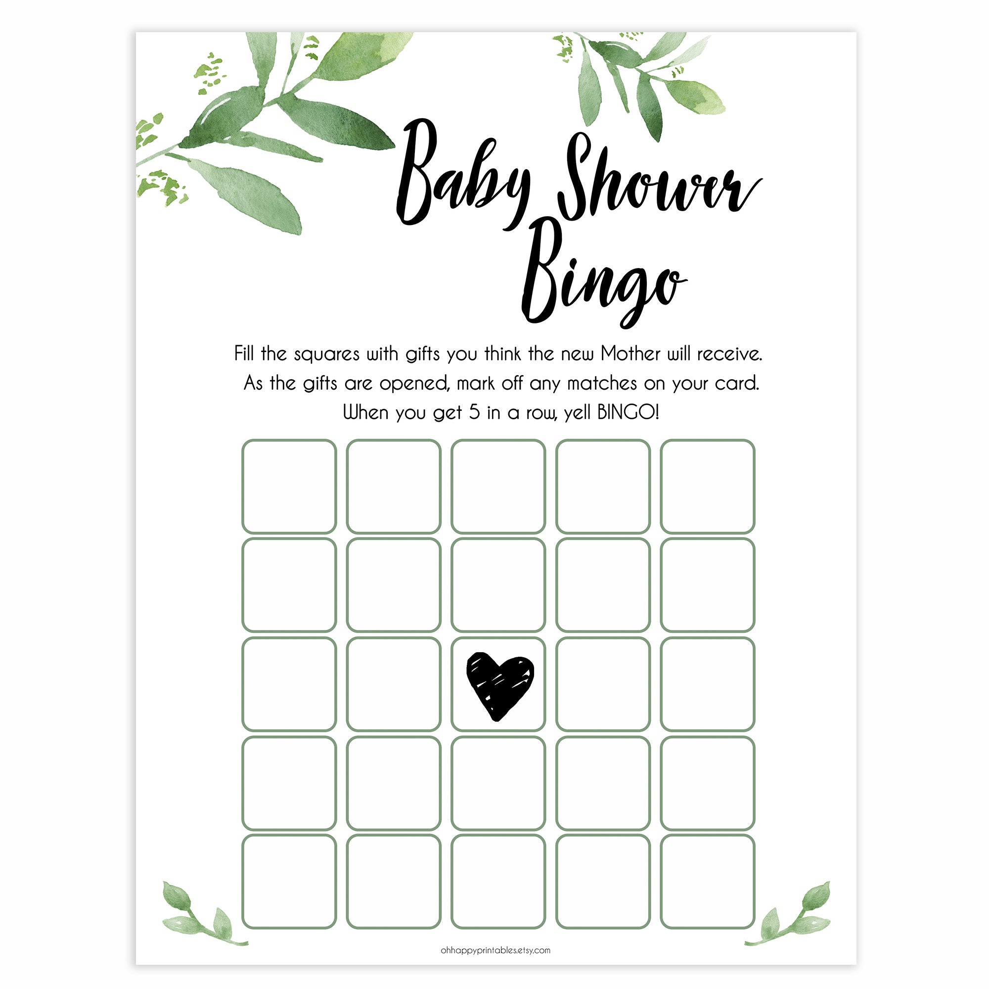 Botanical Baby Shower Bingo, Greenery Gender Neutral Baby Shower Games, Baby Bingo Game, Green Baby Shower, Botanical Baby Shower Games, best baby shower games, funny abby games, top baby games