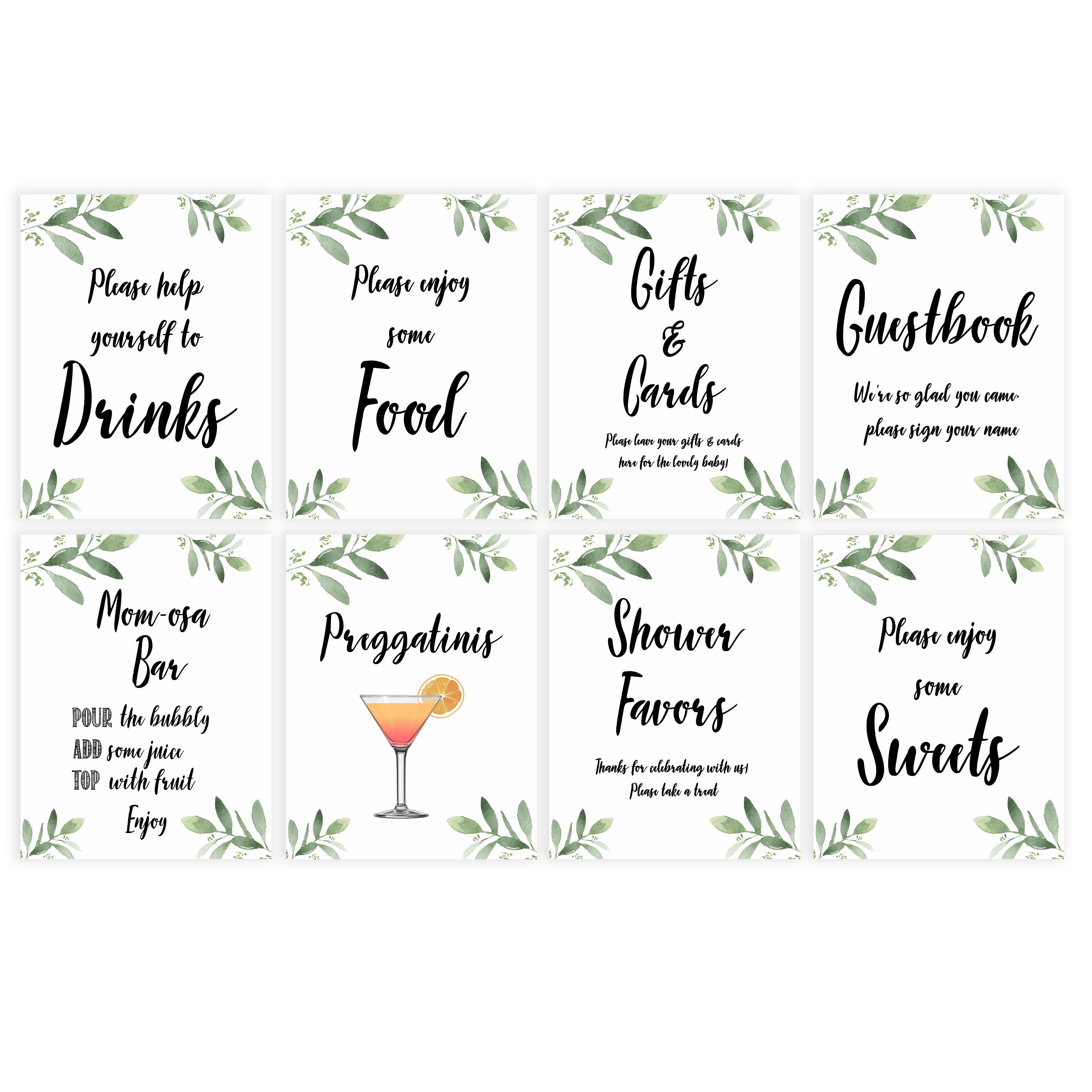 8 baby shower signs, printable baby shower signs, botanical baby shower decor, floral baby table signs