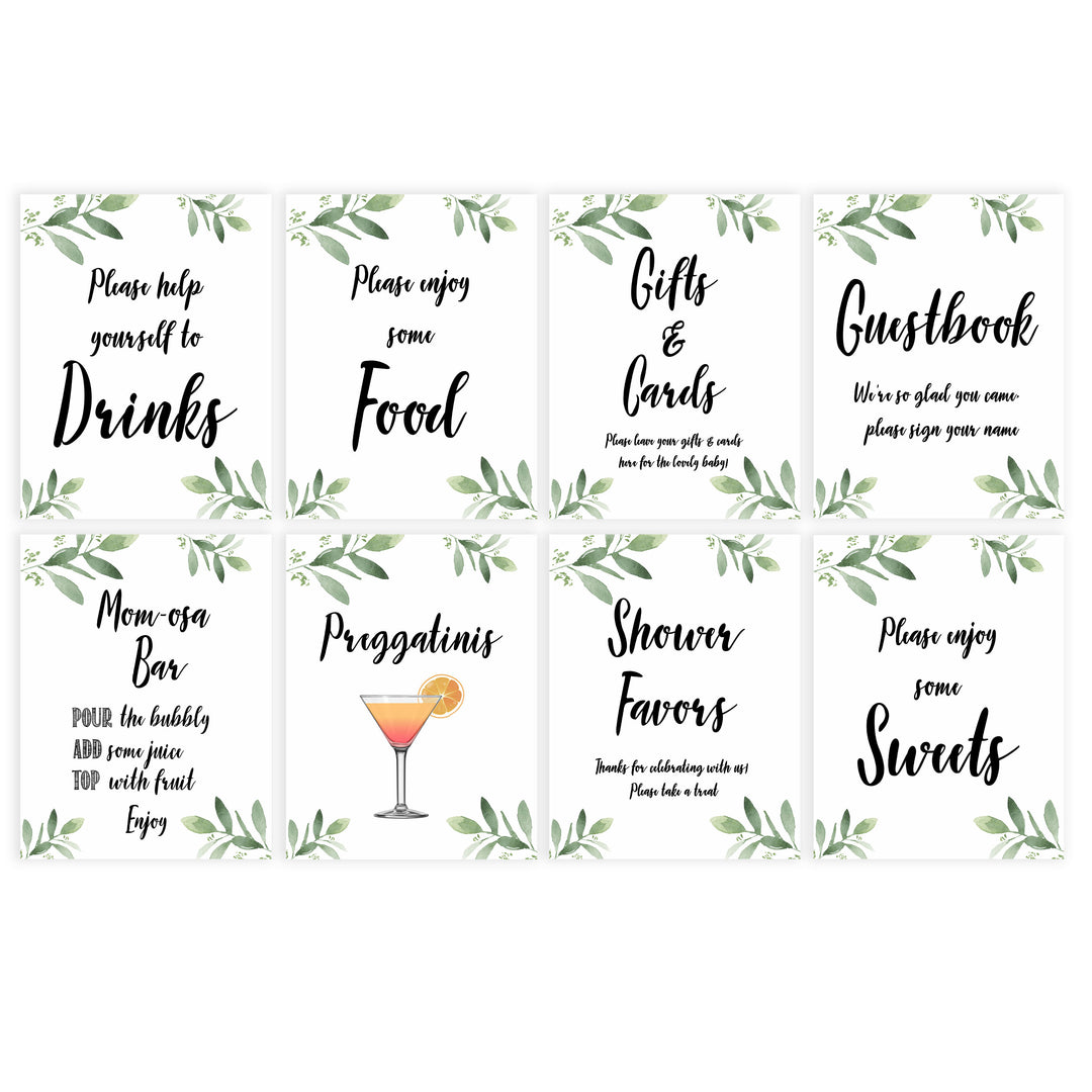 8 baby shower signs, printable baby shower signs, botanical baby shower decor, floral baby table signs
