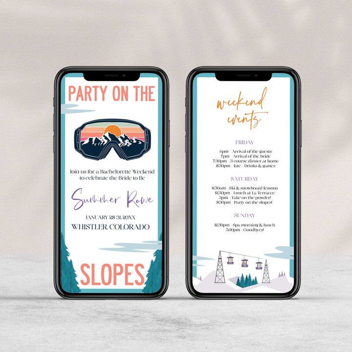 Fully editable mobile bachelorette weekend invitation  with a ski slopes design. Perfect for a aspen ski slopes bachelorette themed party