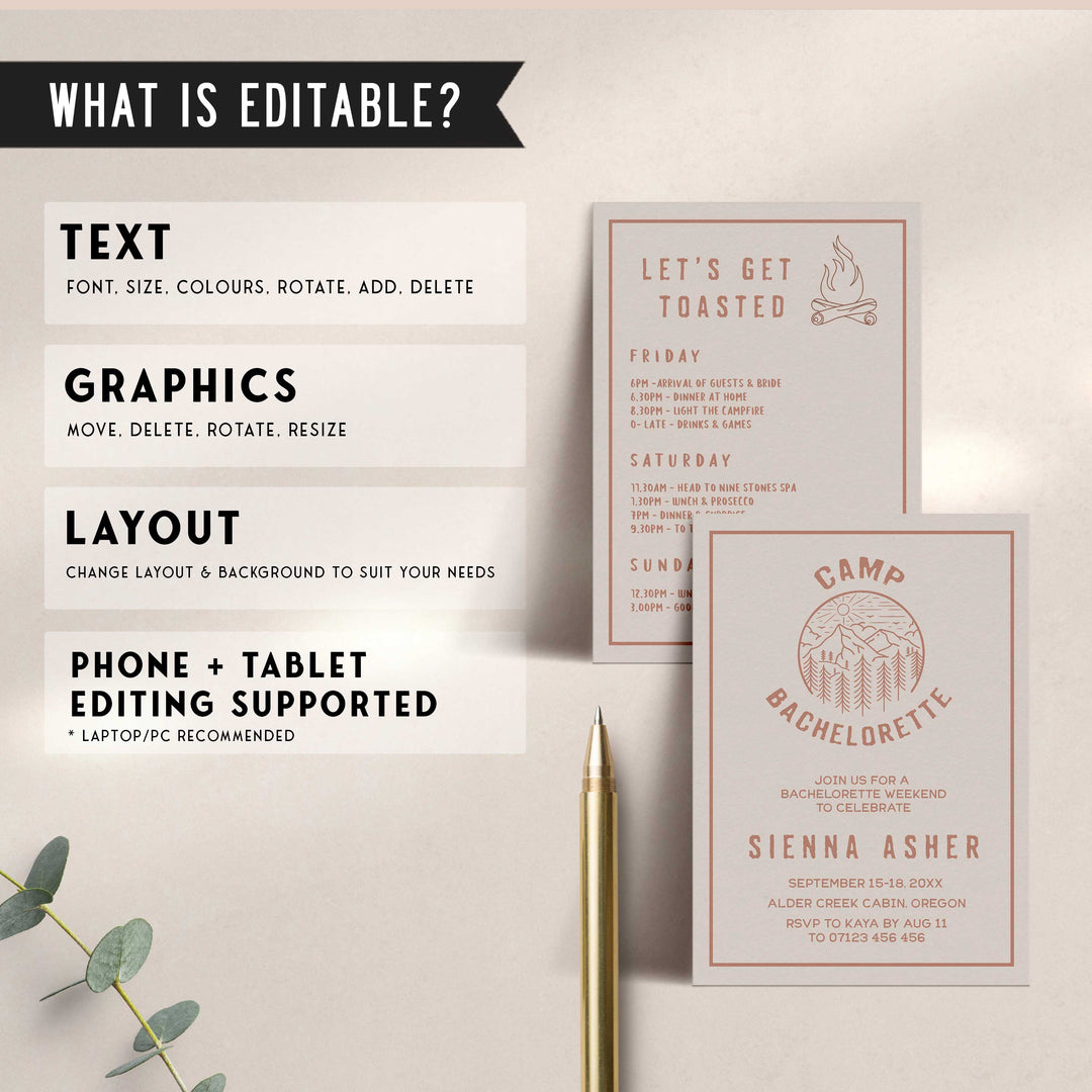 Fully editable and printable bachelorette invitations with a pine cabin design. Perfect for a cabin adventure Bachelorette themed party