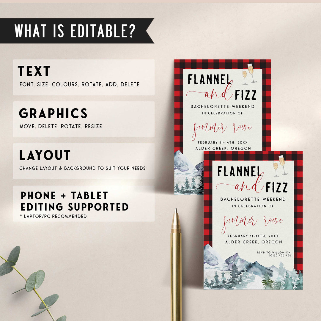 Fully editable and printable bachelorette invitation with a flannel design. Perfect for a woodland flannel Bachelorette themed party