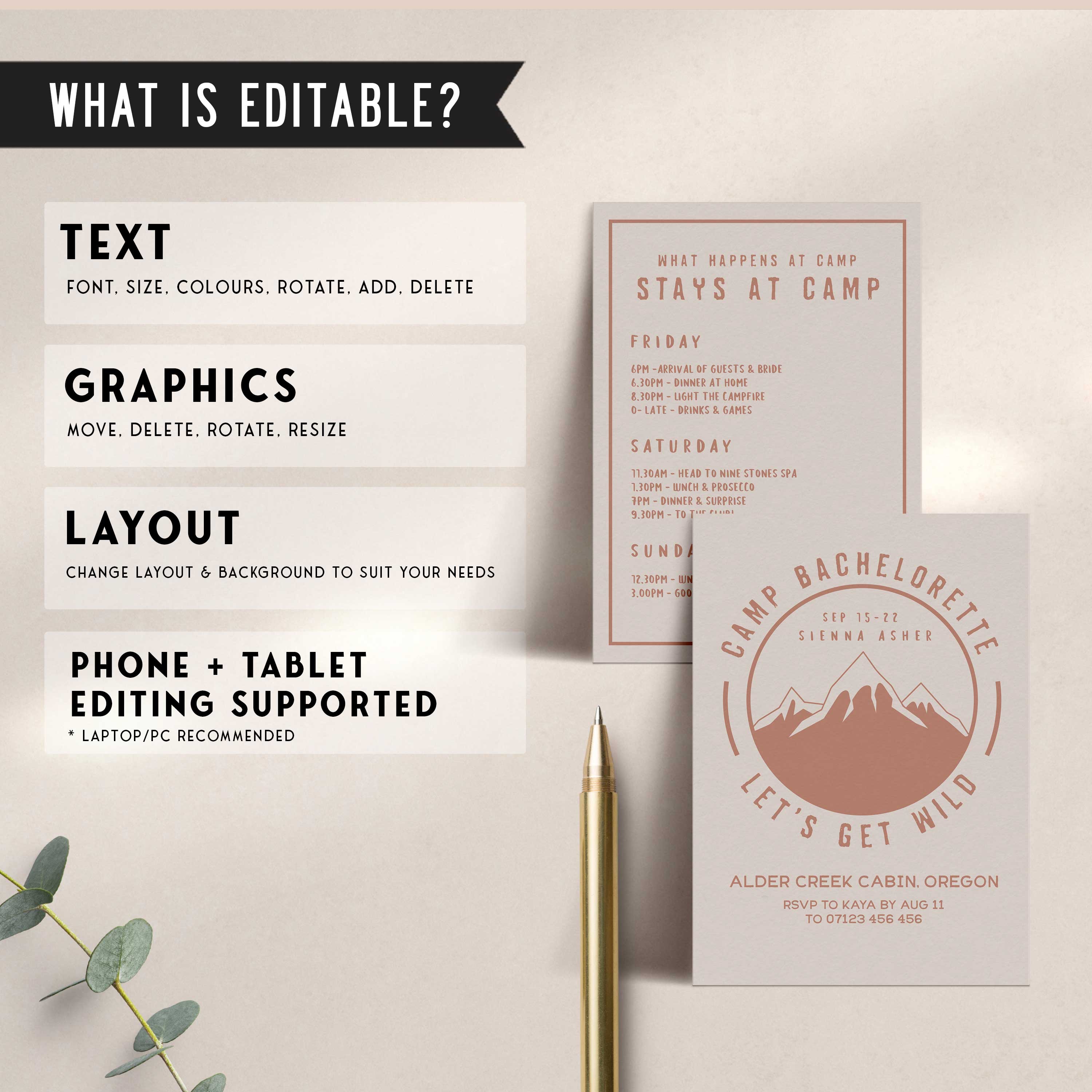 Fully editable and printable bachelorette invitations with a pine cabin design. Perfect for a cabin adventure Bachelorette themed party