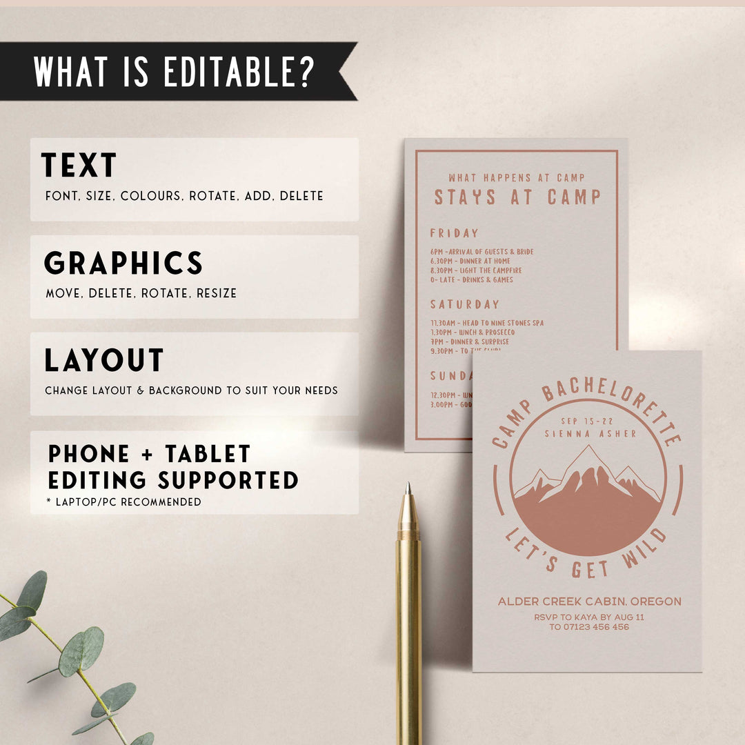 Fully editable and printable bachelorette invitations with a pine cabin design. Perfect for a cabin adventure Bachelorette themed party