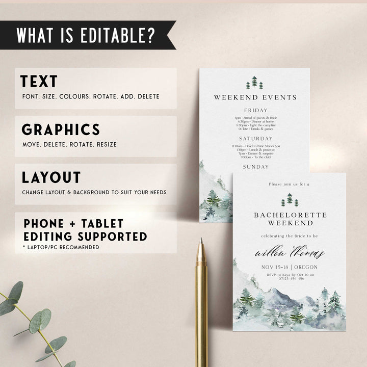 Fully editable and printable mountain cabin invitation with a mountain design. Perfect for a snowy cabin mountain bridal shower