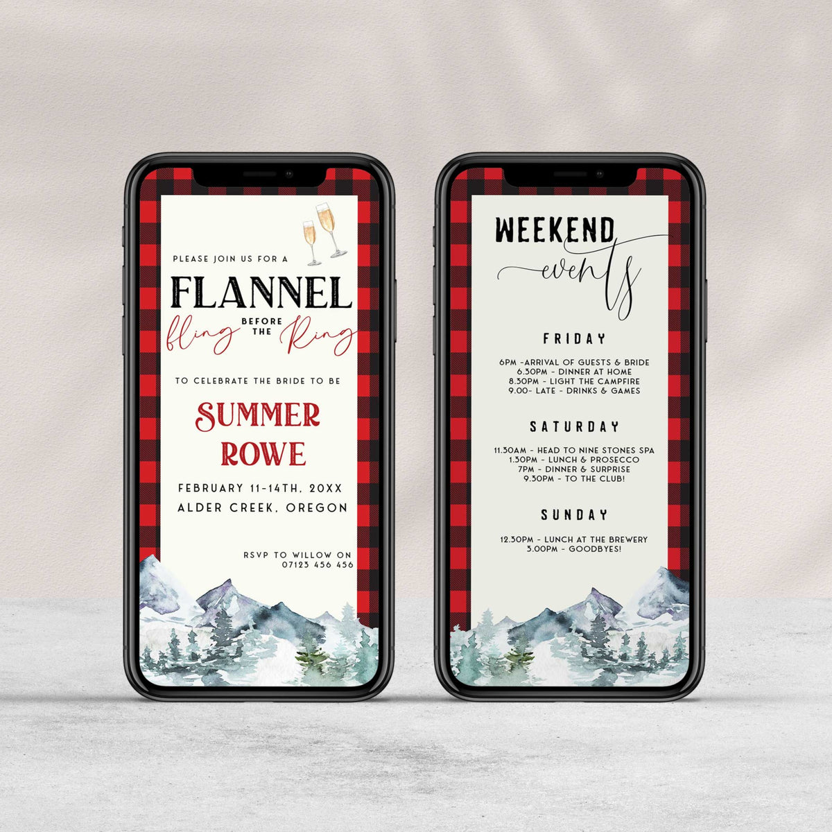  Fully editable and printable bachelorette invitation with a flannel design. Perfect for a woodland flannel Bachelorette themed party