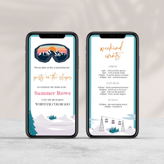 Fully editable mobile bachelorette weekend invitation  with a ski slopes design. Perfect for a aspen ski slopes bachelorette themed party