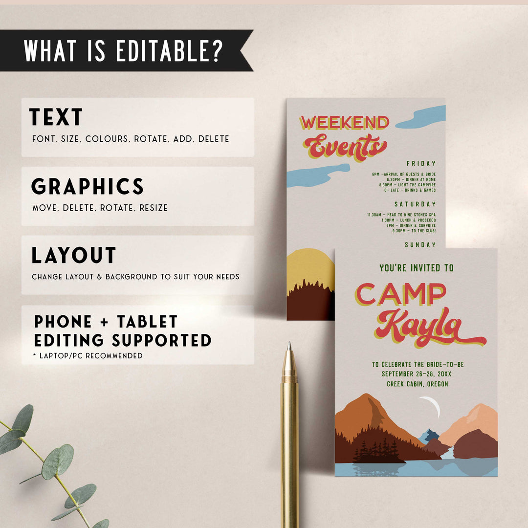 Fully editable and printable retro bachelorette invitation with a pine cabin design. Perfect for a cabin adventure Bachelorette themed party