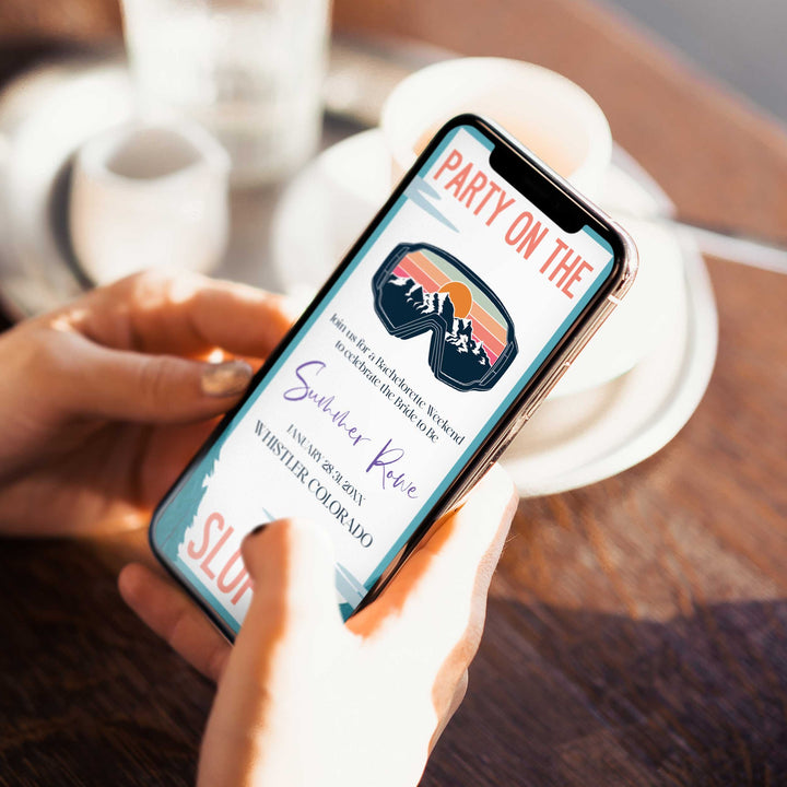 Fully editable mobile bachelorette weekend invitation  with a ski slopes design. Perfect for a aspen ski slopes bachelorette themed party