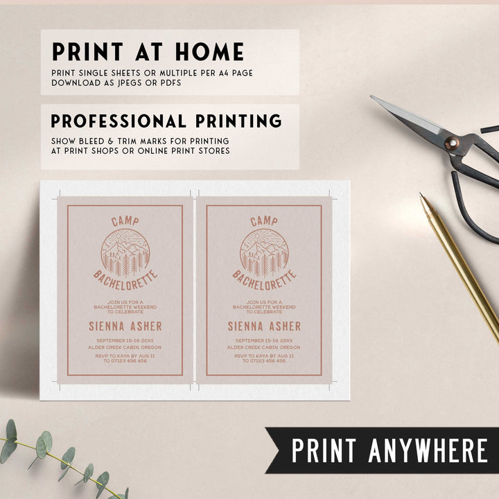 Fully editable and printable bachelorette invitations with a pine cabin design. Perfect for a cabin adventure Bachelorette themed party
