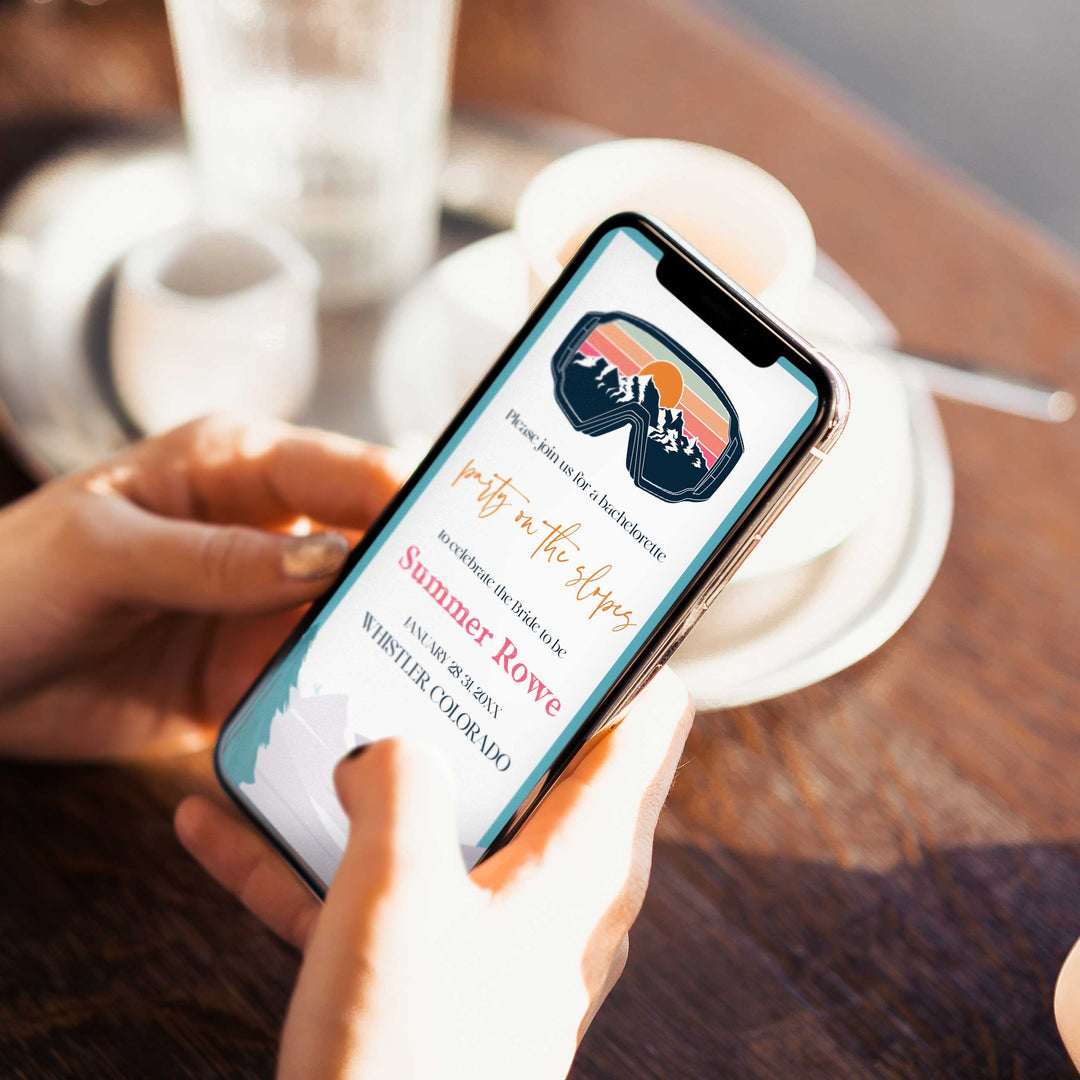 Fully editable mobile bachelorette weekend invitation  with a ski slopes design. Perfect for a aspen ski slopes bachelorette themed party