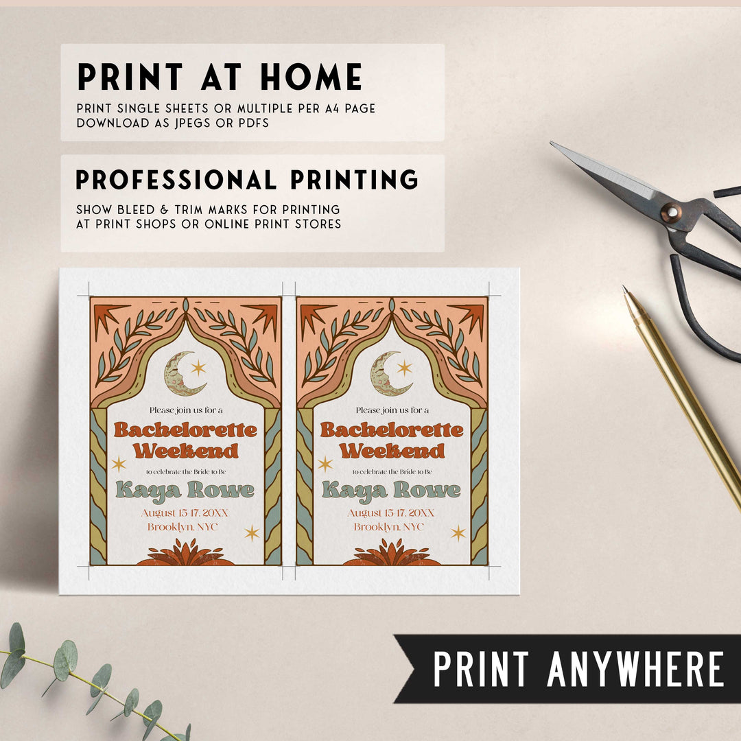 60s Gypsy Boho-inspired editable bachelorette weekend invitation is the perfect way to add a touch of free-spirited charm to your special day