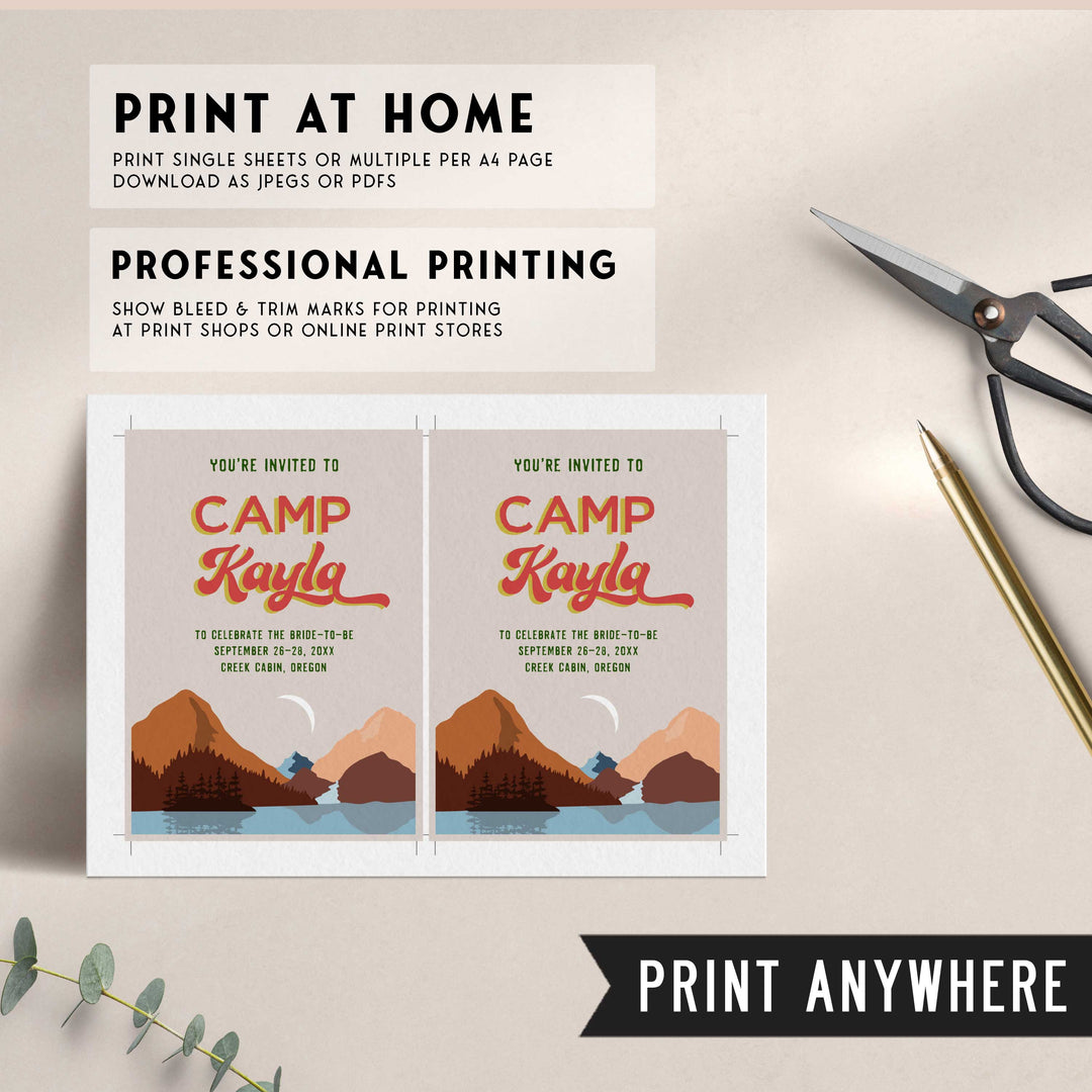 Fully editable and printable retro bachelorette invitation with a pine cabin design. Perfect for a cabin adventure Bachelorette themed party