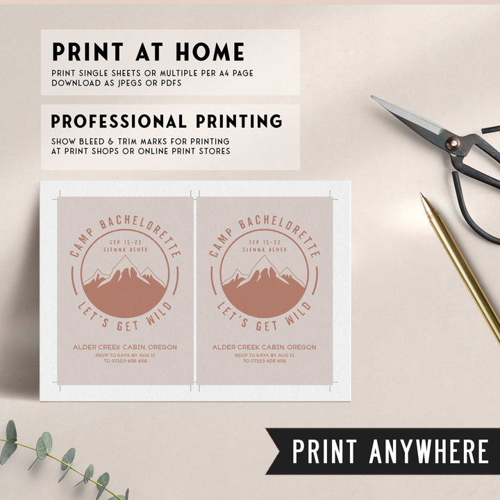 Fully editable and printable bachelorette invitations with a pine cabin design. Perfect for a cabin adventure Bachelorette themed party