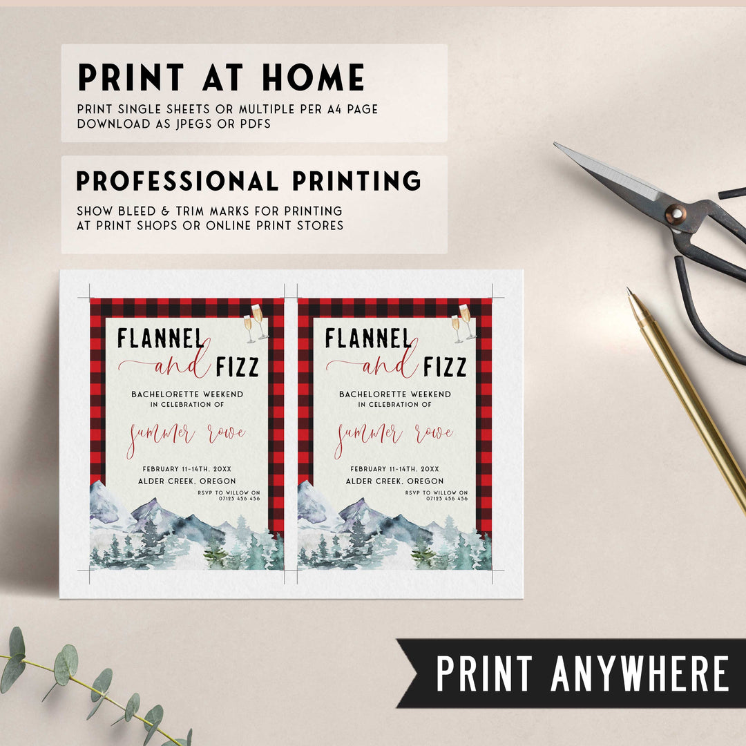 Fully editable and printable bachelorette invitation with a flannel design. Perfect for a woodland flannel Bachelorette themed party