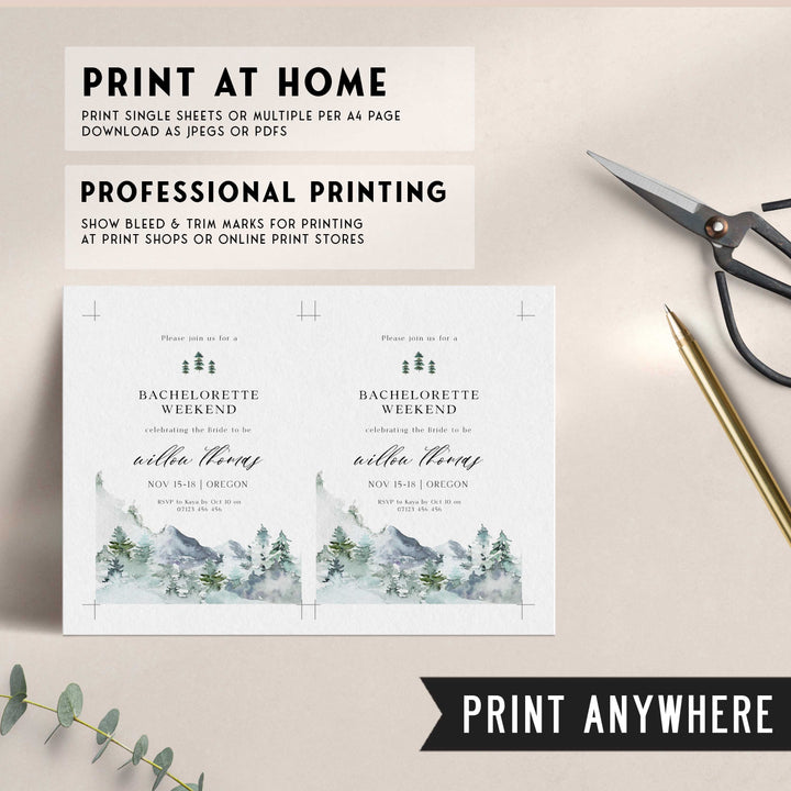 Fully editable and printable mountain cabin invitation with a mountain design. Perfect for a snowy cabin mountain bridal shower