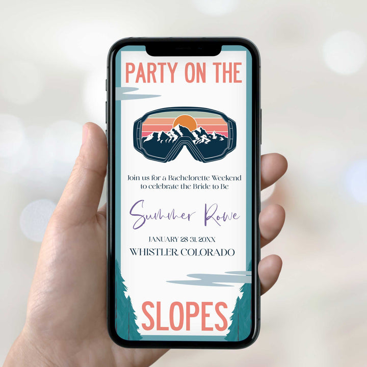 Fully editable mobile bachelorette weekend invitation  with a ski slopes design. Perfect for a aspen ski slopes bachelorette themed party