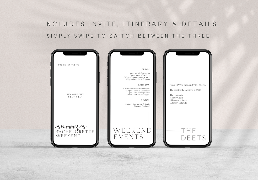 Fully editable, printable and mobile bachelorette invitation and welcome signs with a modern minimalist design. Perfect for a modern minimalist Bachelorette themed party