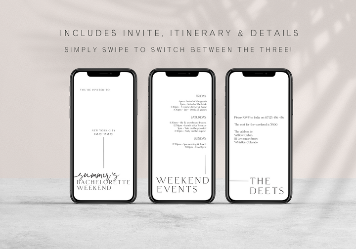 Fully editable, printable and mobile bachelorette invitation and welcome signs with a modern minimalist design. Perfect for a modern minimalist Bachelorette themed party
