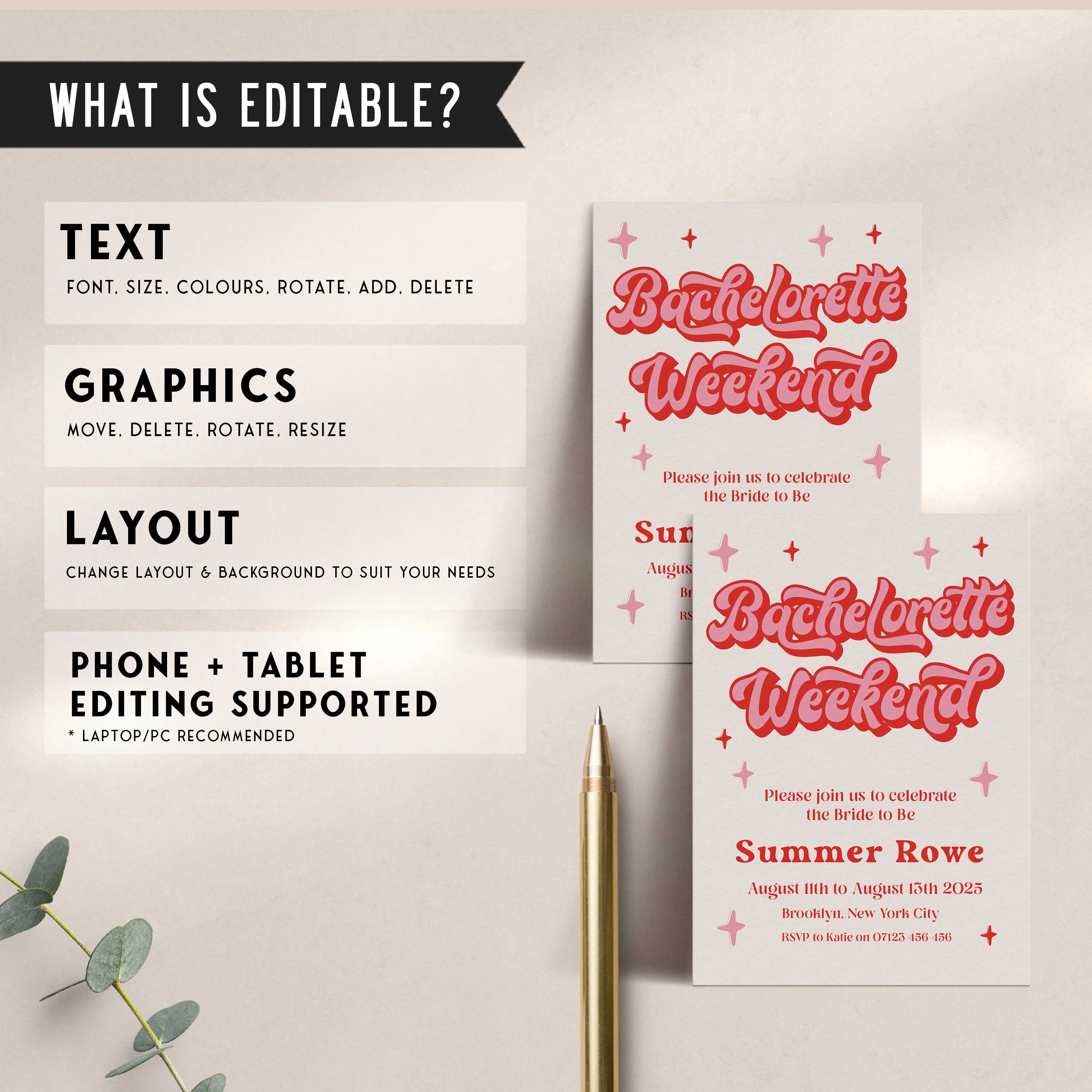 editable 70s bachelorette weekend invitation. Fully editable and printable bachelorette invitation with a 70s style