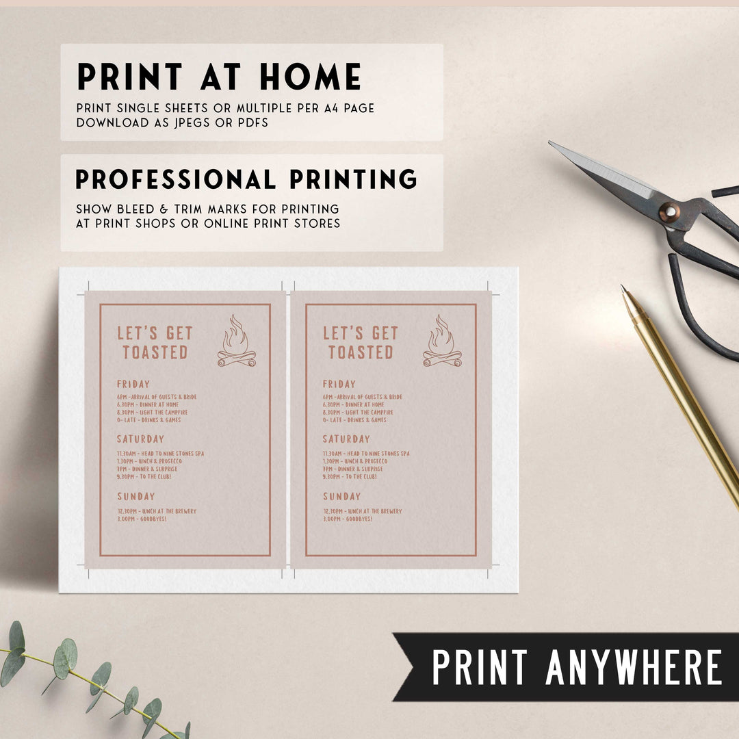 Fully editable and printable  bachelorette weekend itinerary with a pine cabin design. Perfect for a cabin adventure Bachelorette themed party