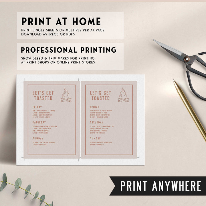 Fully editable and printable  bachelorette weekend itinerary with a pine cabin design. Perfect for a cabin adventure Bachelorette themed party