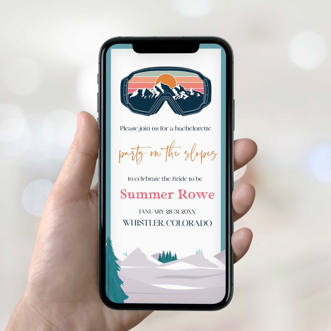 Fully editable mobile bachelorette weekend invitation  with a ski slopes design. Perfect for a aspen ski slopes bachelorette themed party