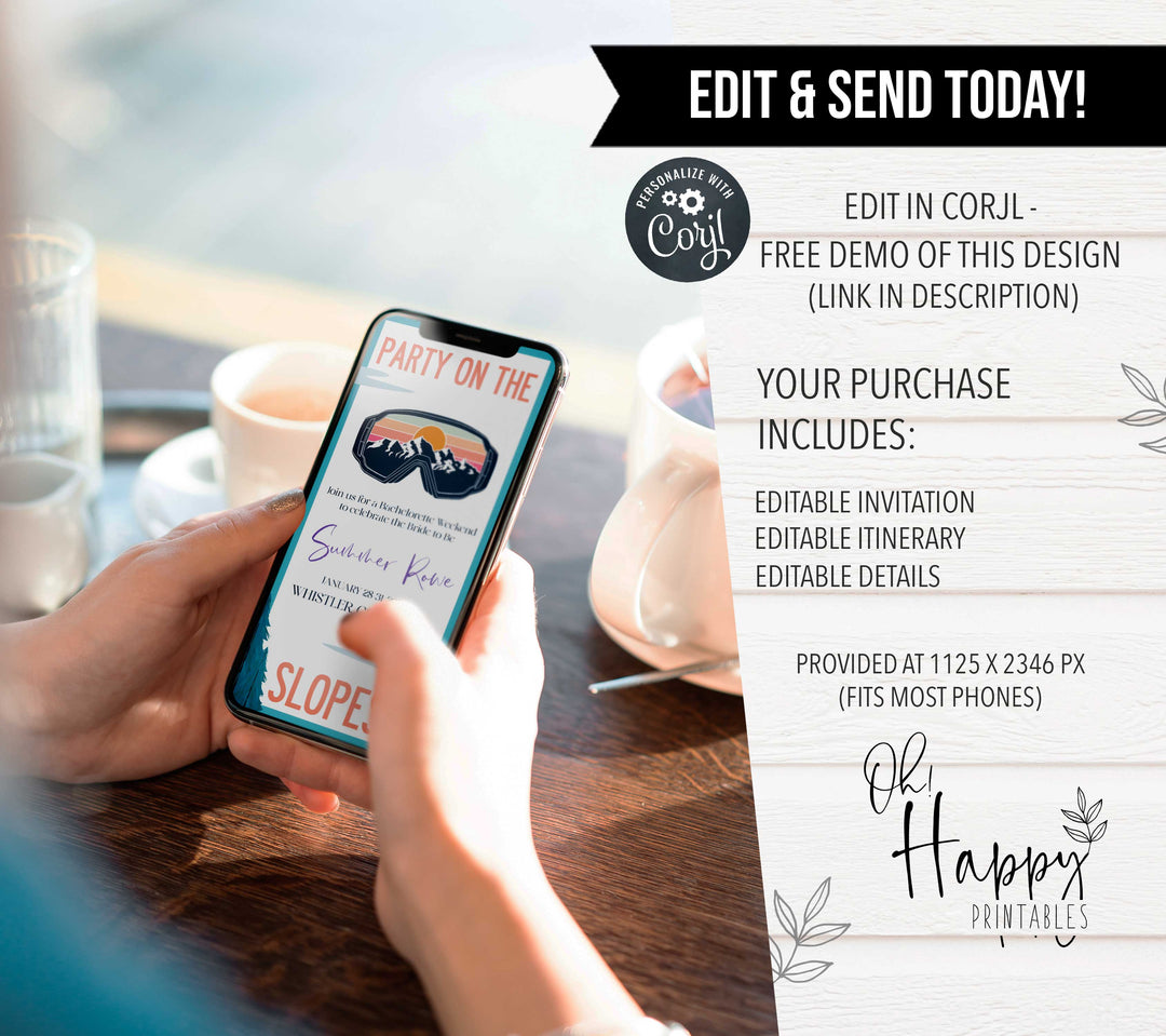 Fully editable mobile bachelorette weekend invitation  with a ski slopes design. Perfect for a aspen ski slopes bachelorette themed party
