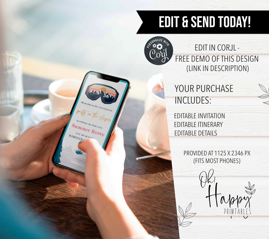 Fully editable mobile bachelorette weekend invitation  with a ski slopes design. Perfect for a aspen ski slopes bachelorette themed party