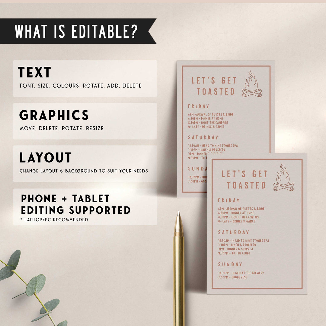 Fully editable and printable  bachelorette weekend itinerary with a pine cabin design. Perfect for a cabin adventure Bachelorette themed party