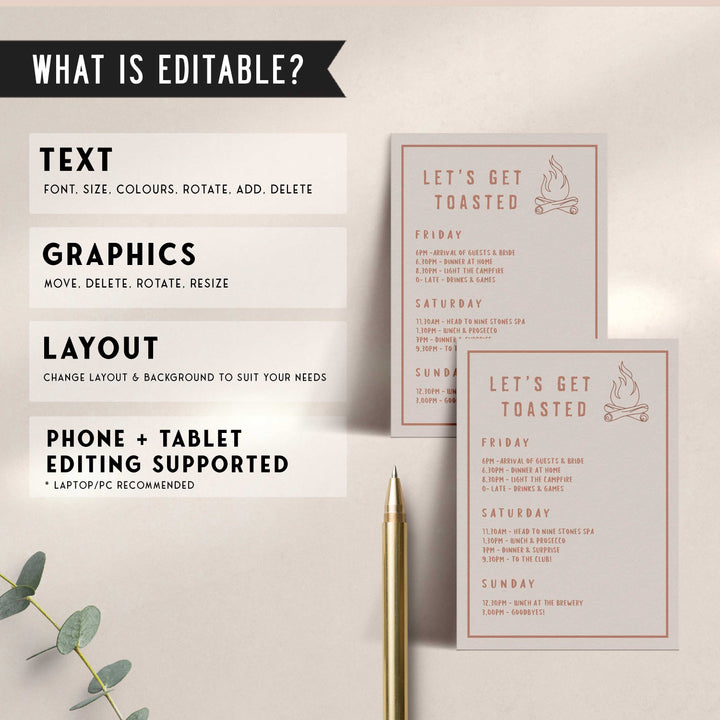 Fully editable and printable  bachelorette weekend itinerary with a pine cabin design. Perfect for a cabin adventure Bachelorette themed party