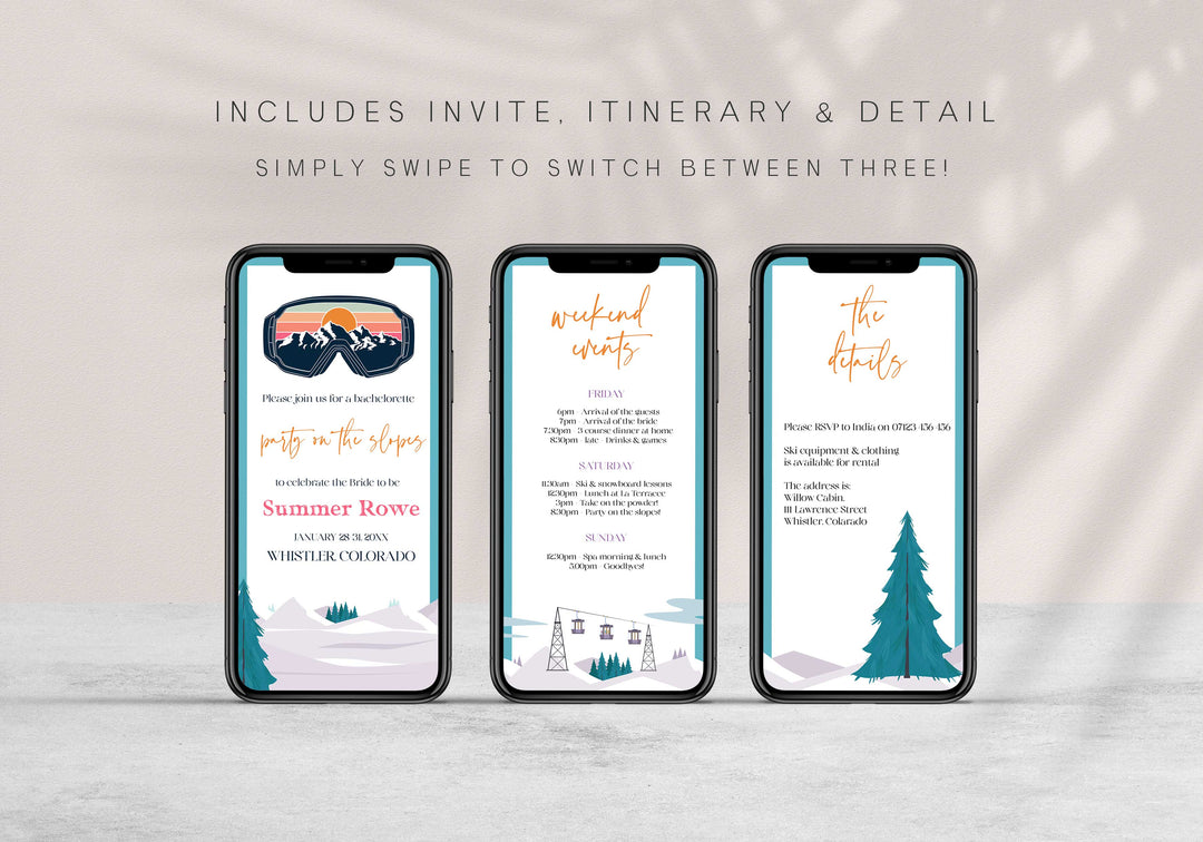 Fully editable mobile bachelorette weekend invitation  with a ski slopes design. Perfect for a aspen ski slopes bachelorette themed party