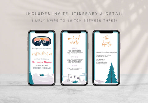 Fully editable mobile bachelorette weekend invitation  with a ski slopes design. Perfect for a aspen ski slopes bachelorette themed party